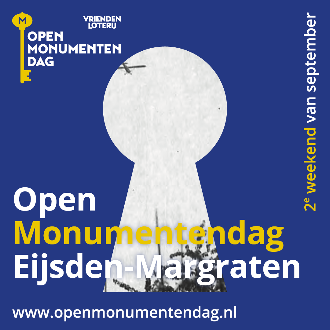 logo Open monumentendag is een lichtgrijs sleutelgat op een kobaltblauwe achtergrond met tekst Open Monumentendag Eijsden-Margraten zondag 15 september